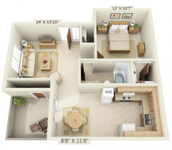 Floor plan for 1 bed, 1 bath, 655 sqft