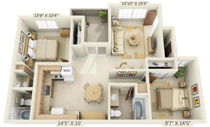 Floor plan for 2 beds, 2 baths, 875 sqft