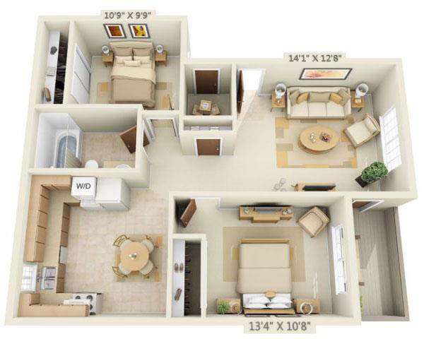 Floor plan for 2 beds, 1 bath, 765 sqft