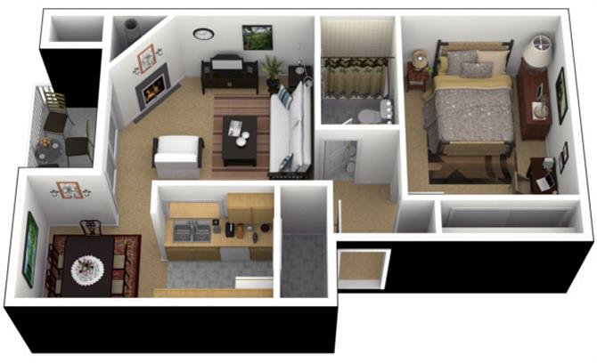 Floor plan for 1 bed, 1 bath, 580 sqft