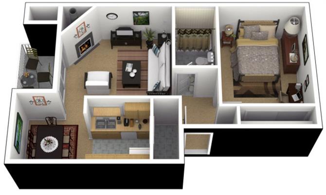 Floor plan for 1 bed, 1 bath, 637 sqft