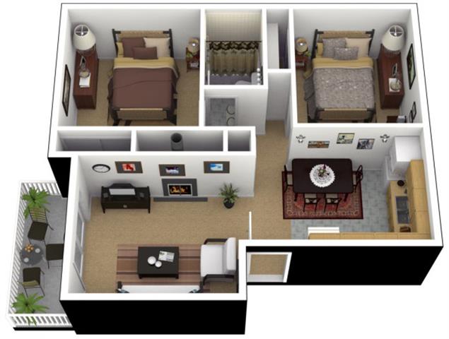 Floor plan for 2 beds, 1 bath, 788 sqft