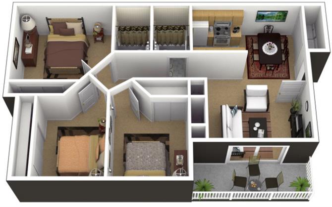 Floor plan for 3 beds, 2 baths, 1013 sqft