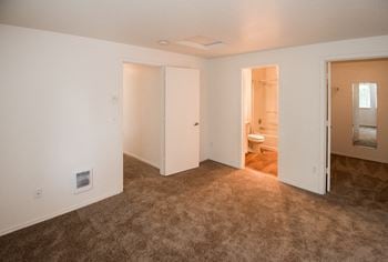 Vacant apartment master bedroom & bathroom with walk in closet
