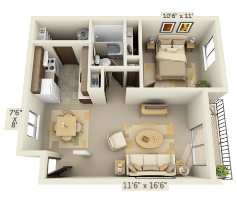 Floor plan for 1 bed, 1 bath, 592 sqft