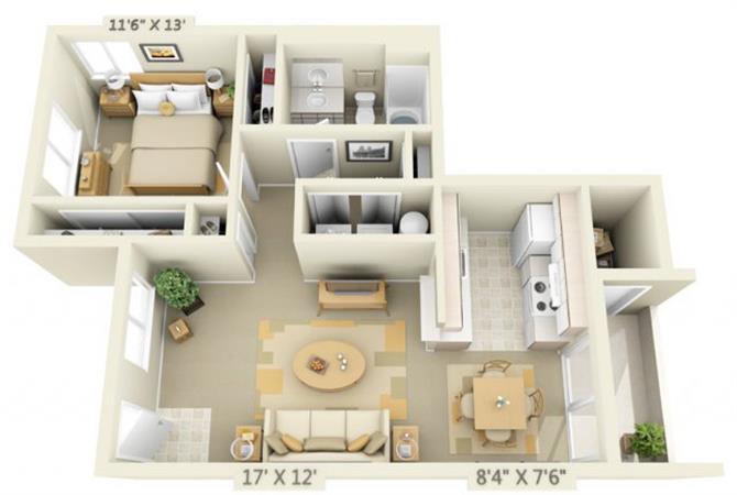 Floor plan for 1 bed, 1 bath, 720 sqft
