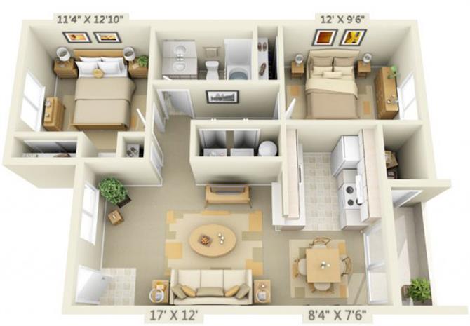Floor plan for 2 beds, 1.3 baths, 900 sqft