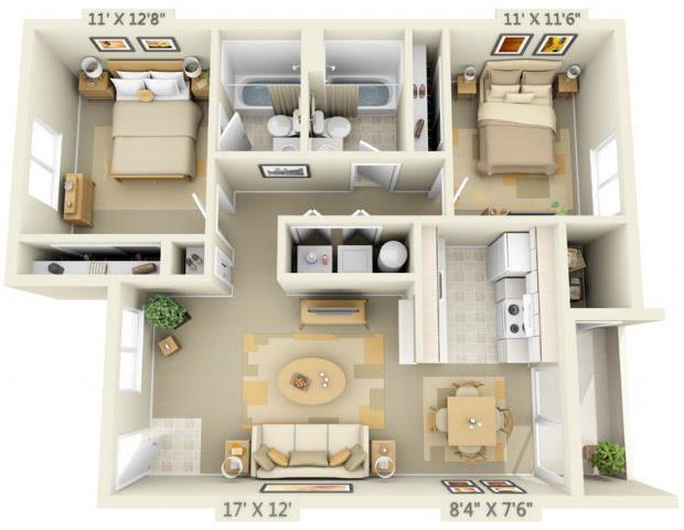 Floor plan for 2 beds, 2 baths, 920 sqft