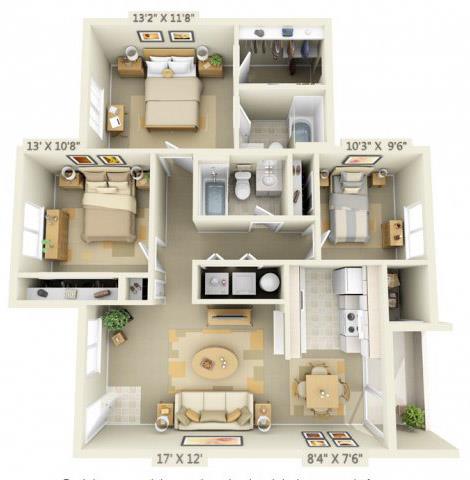 Floor plan for 3 beds, 2 baths, 1110 sqft