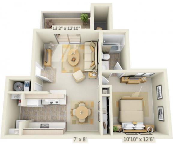 Floor plan for 1 bed, 1 bath, 619 sqft