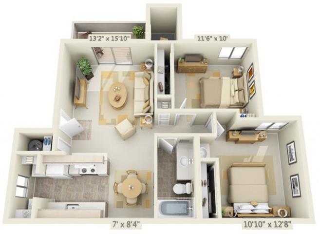 Floor plan for 2 beds, 1 bath, 856 sqft
