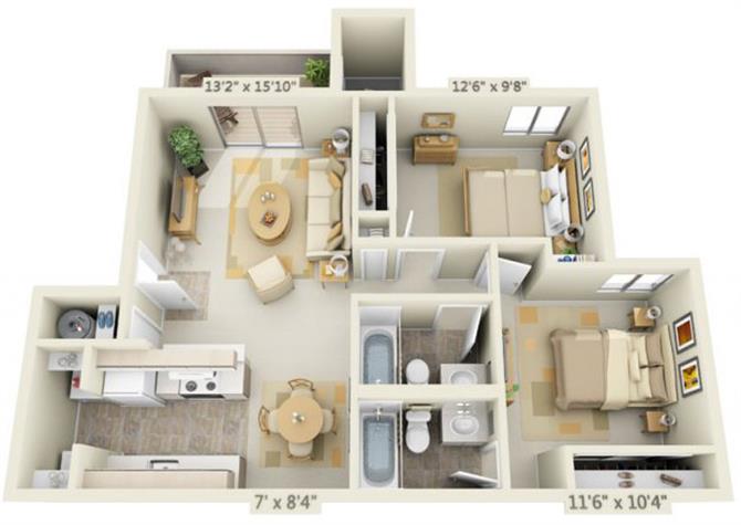 Floor plan for 2 beds, 2 baths, 881 sqft