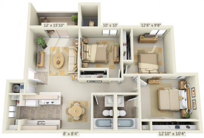 Floor plan for 3 beds, 2 baths, 1019 sqft
