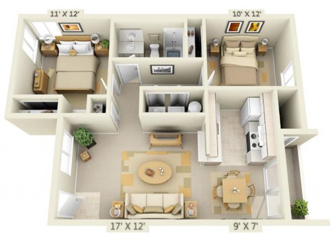 Floor plan for 2 beds, 1 bath, 896 sqft