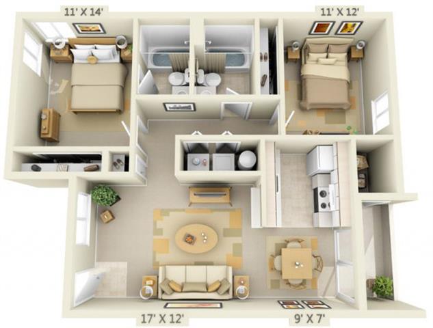 Floor plan for 2 beds, 2 baths, 917 sqft