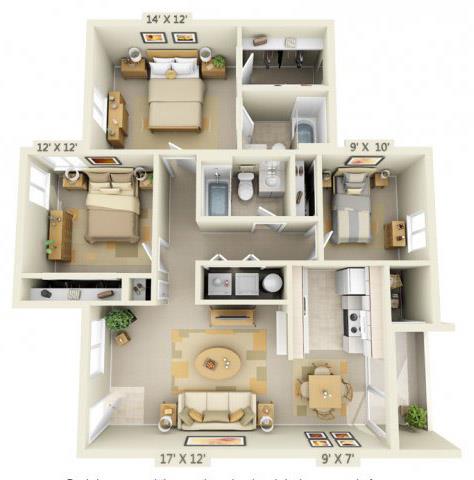 Floor plan for 3 beds, 2 baths, 1105 sqft