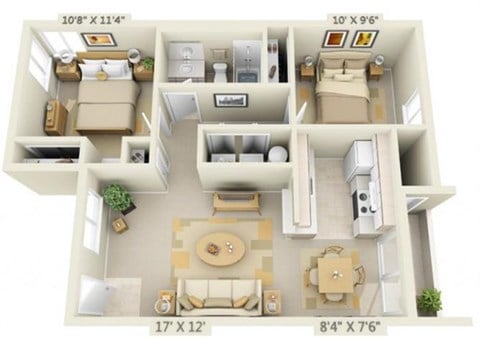Floor plan for 2 beds, 1 bath, 896 sqft