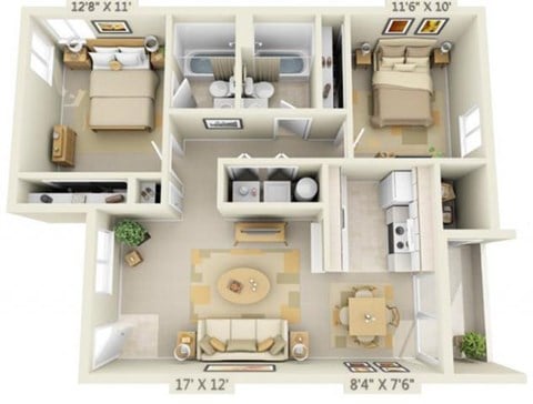 Floor plan for 2 beds, 2 baths, 915 sqft