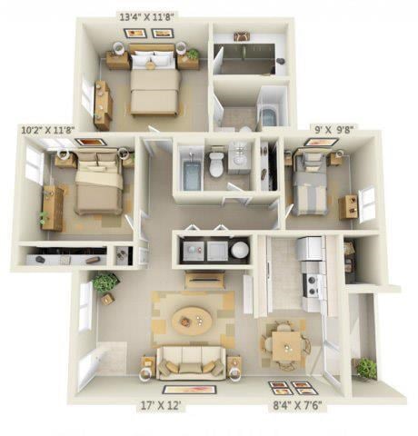 Floor plan for 3 beds, 2 baths, 1105 sqft