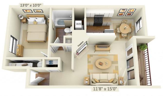 Floor plan for 1 bed, 1 bath, 620 sqft