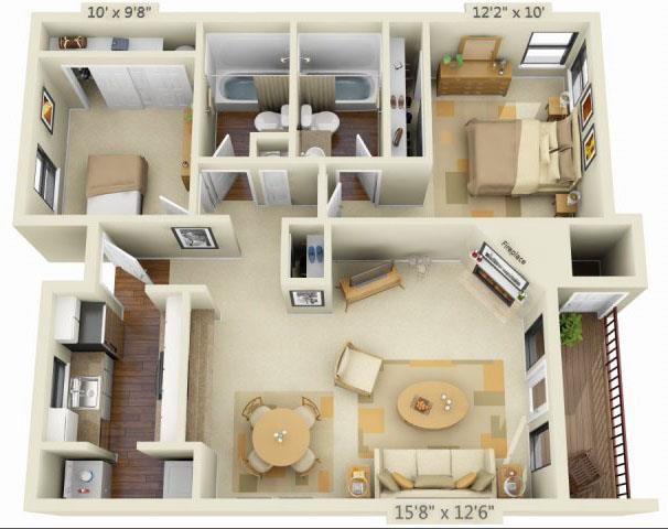 Floor plan for 2 beds, 2 baths, 906 sqft