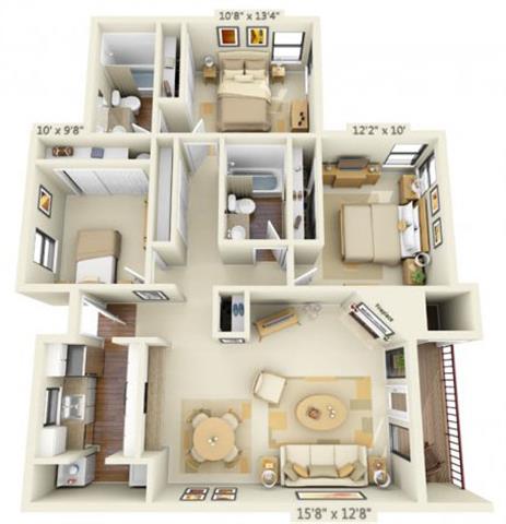 Floor plan for 3 beds, 2 baths, 1148 sqft
