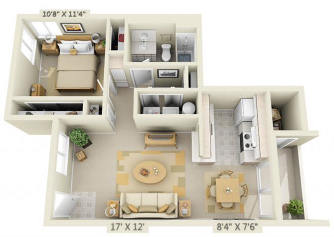Floor plan for 1 bed, 1 bath, 610 sqft