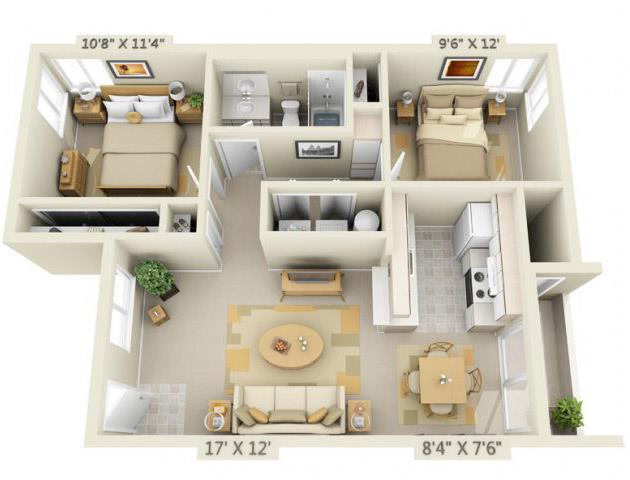 Floor plan for 2 beds, 1 bath, 856 sqft