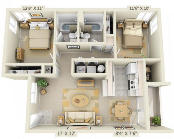 Floor plan for 2 beds, 2 baths, 881 sqft
