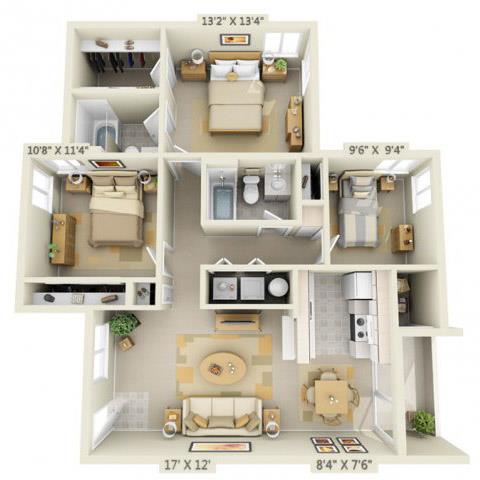 Floor plan for 3 beds, 2 baths, 1019 sqft