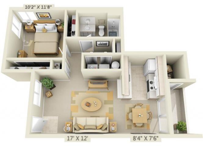 Floor plan for 1 bed, 1 bath, 719 sqft