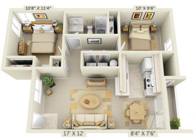 Floor plan for 2 beds, 1 bath, 896 sqft