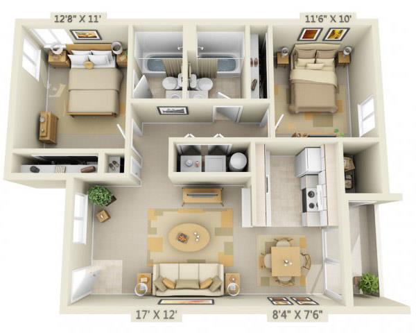 Floor plan for 2 beds, 2 baths, 916 sqft