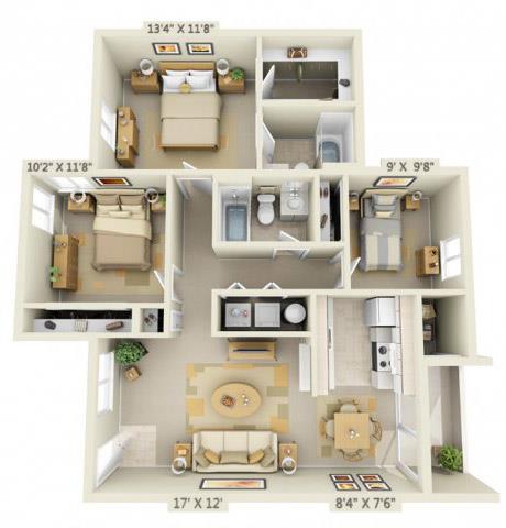 Floor plan for 3 beds, 2 baths, 1105 sqft