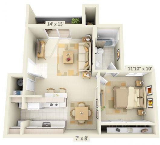 Floor plan for 1 bed, 1 bath, 680 sqft
