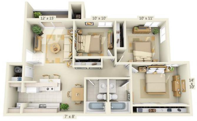 Floor plan for 3 beds, 2 baths, 1033 sqft