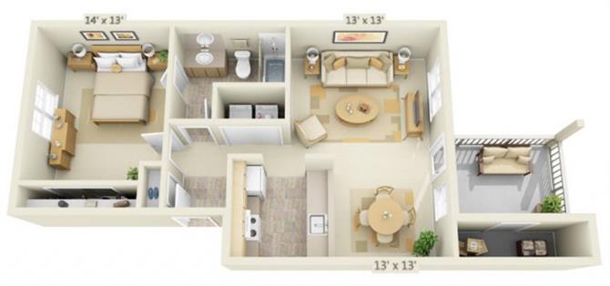 Floor plan for 1 bed, 1 bath, 696 sqft