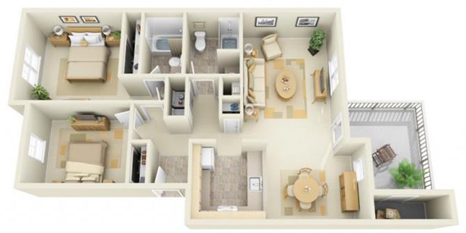 Floor plan for 2 beds, 2 baths, 1002 sqft