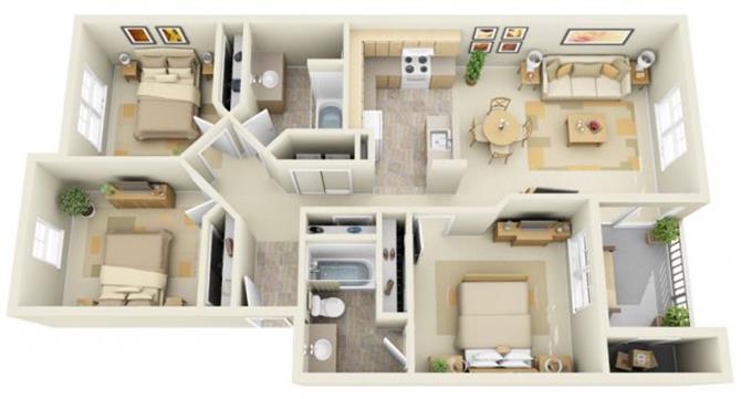 Floor plan for 3 beds, 2 baths, 1173 sqft