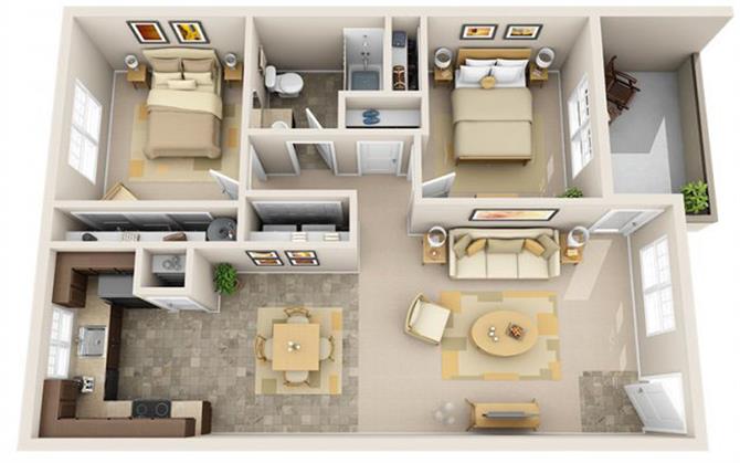 Floor plan for 2 beds, 1 bath, 913 sqft