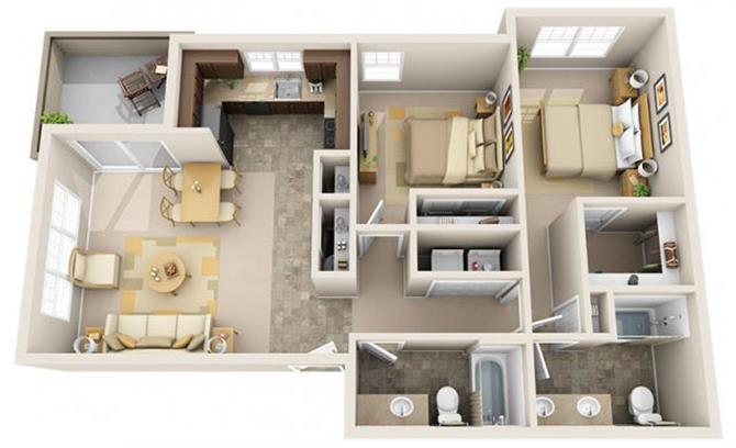 Floor plan for 2 beds, 2 baths, 977 sqft