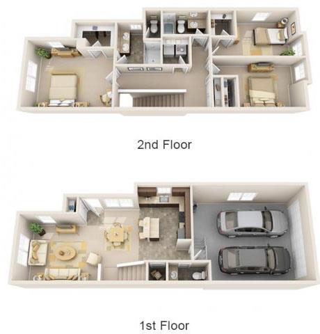 Floor plan for 3 beds, 2.5 baths, 1566 sqft
