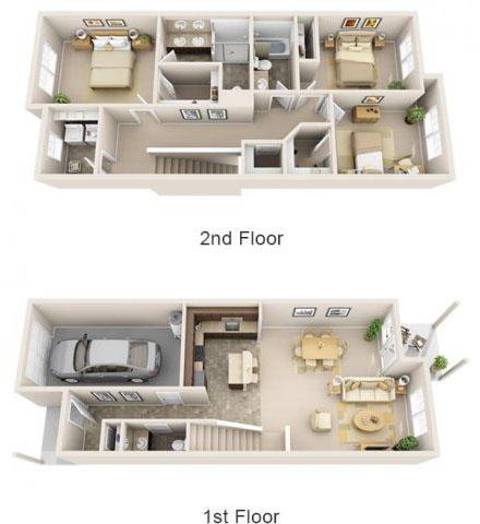 Floor plan for 3 beds, 2.5 baths, 1600 sqft