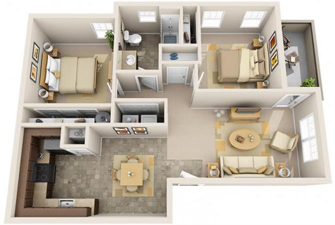 Floor plan for 2 beds, 1 bath, 879 sqft