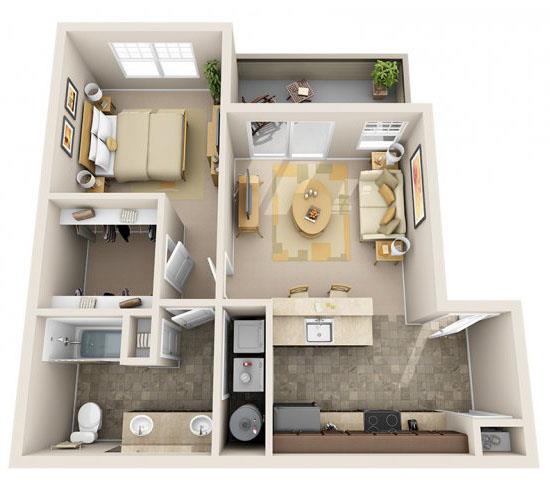 Floor plan for 1 bed, 1 bath, 652 sqft