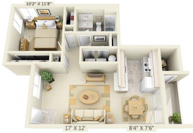 Floor plan for 1 bed, 1 bath, 699 sqft