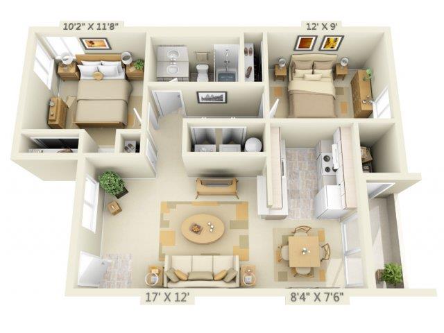 Floor plan for 2 beds, 1 bath, 821 sqft