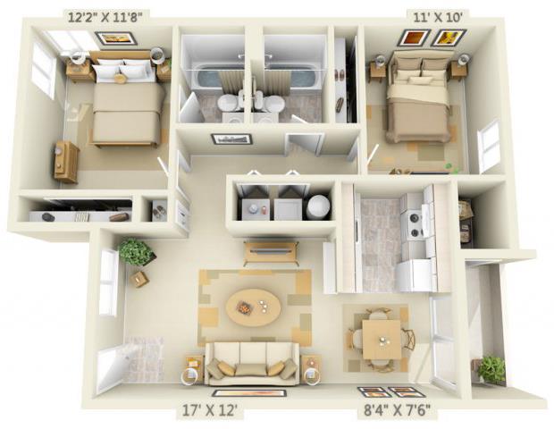 Floor plan for 2 beds, 2 baths, 893 sqft