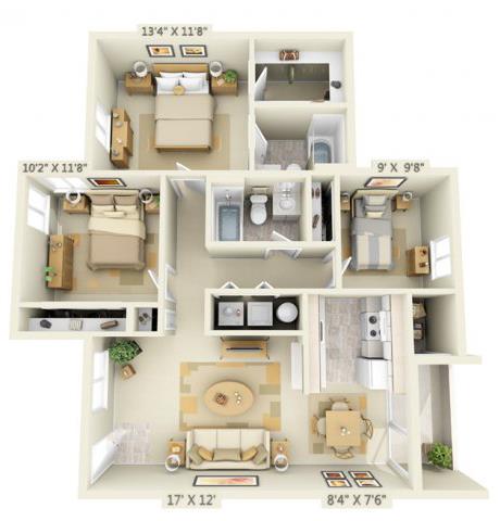 Floor plan for 3 beds, 2 baths, 1085 sqft
