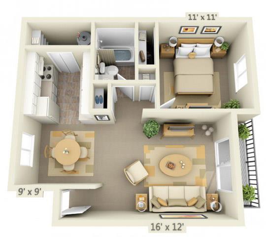 Floor plan for 1 bed, 1 bath, 592 sqft